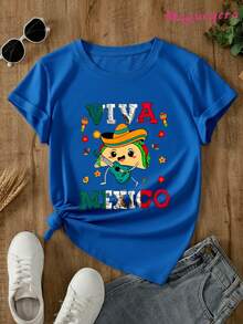 Limited Edition MGY Viva Mexico Graphic T-Shirt For Women, Size -% Cotton, Short Sleeve, Crew Neck, Casual Style With Vibrant Mexican Culture Design, Maracas, Sombrero And Chiles Print, Black And Red/Blue Green, Machine Washable, All Season Comfort, Lightweight Cotton - 藍色 - 查看 4