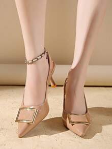 French Niche Pointed Toe Pumps, New Summer Patent Leather Backless High Heel Shoes With Square Buckle For Women - Apricot - View 5