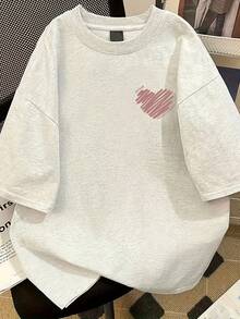 Women's 100% Pure Short Sleeve T-Shirt, Women's Short Sleeve T-Shirt, Modern, With Heart Print, Round Neck, Versatile. - 白色 - 查看 4
