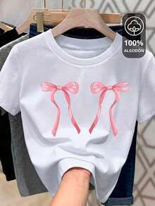 Envío gratis, entrega local enéxico, entrega en 4 días. Camiseta de mujer con corte oversize,% algodón, con cuello redondo y mangas cortas, con un bonito diseño de lazo. Camiseta cómoda y suave. - Blanco print rosa - Ver 5