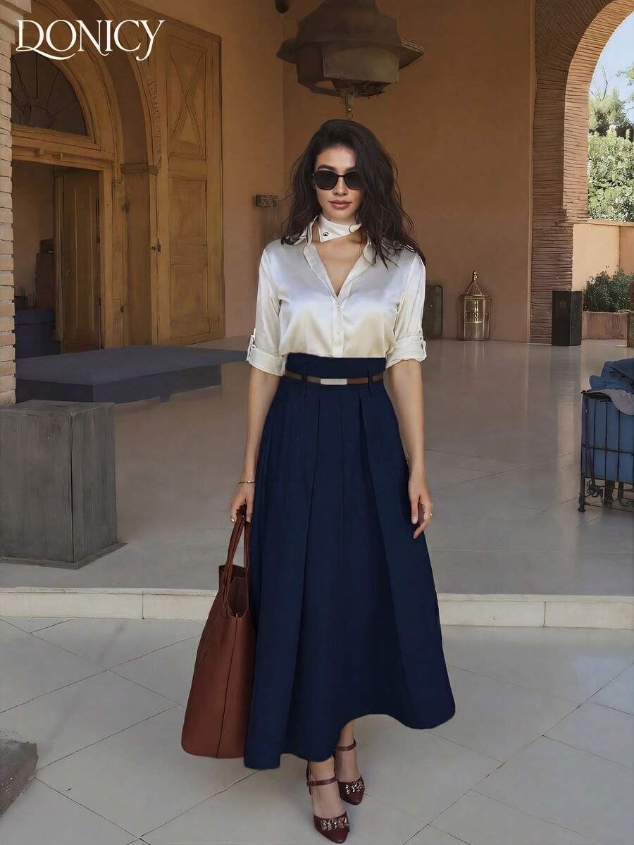 DONICY New Women's Solid Color High Waist Pleated Skirt, Casual Slimming Elegant Ruffle A-Line Skirt, Suitable For Autumn/Winter, Fashion, Business, Casual Occasions Like Airport, Music Festival, Party, Countryside, Street Style, Independence Day, Date, Back To School - Blue - View 1