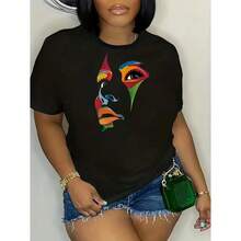 Camiseta de algodón para mujer con estampado gráfico, manga corta, color negro, estampado artístico de rostro abstracto y colorido, top de estilo urbano, atuendo casual de verano, para festivales, conciertos, vacaciones y uso diario. - Negro - Ver 4