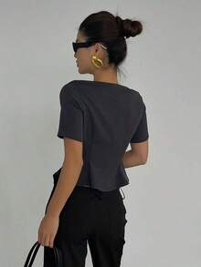 Camisa de mujer de unicolor con cuello cuadrado, doble botonadura y mangas abullonadas a la cintura - Gris - Ver 2