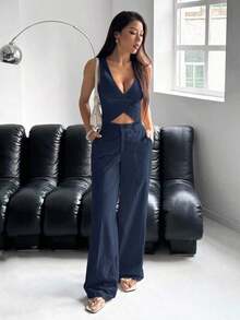 Conjunto de traje de mujer con chaleco y pantalones de un solo abotonado en azul marino para otoño/invierno - Azul marino - Ver 5