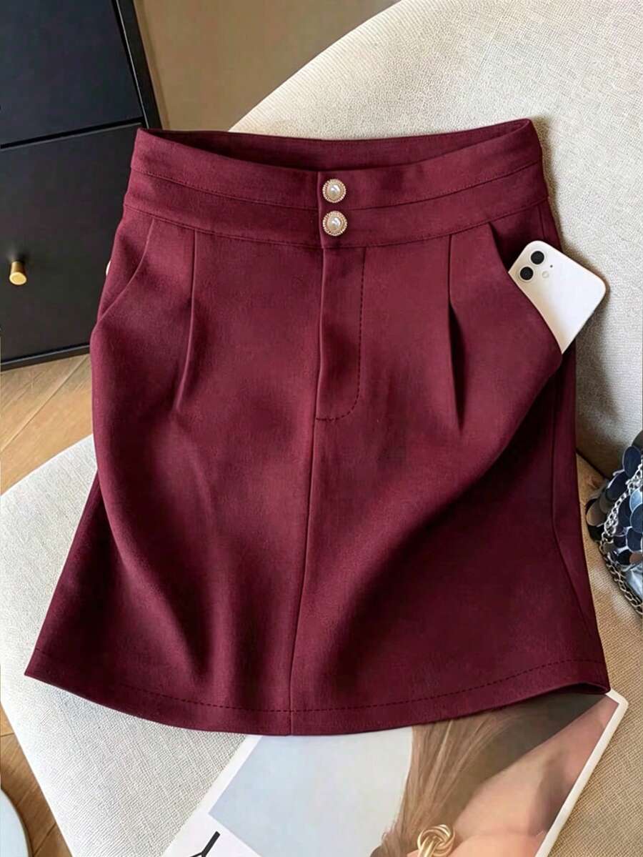 2026 Summer New A-Line Button Closure Mini Skirt, Versatile For Work And Casual Wear - Burgundy - View 1
