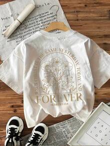 Women's Short-Sleeved Crew Neck T-Shirt With "Forever" Print And Lettering - Double-Sided Print On The Front And Back, Casual Style - Blouse For Casual Outfits, Machine Washable. Cute T-Shirts For Women. - 風格 - 查看 4