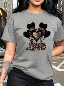 A Combination Of Wildness And Tenderness, This Black Heart-Shaped Balloon Pattern Print With Leopard Print Is Fashionable And Stylish. This Simple, Casual, Round-Neck, Short-Sleeved Women's T-Shirt Is Suitable For Activities Such As Leisure, Tourism, And Vacations. 13419 - Daily Wear, Easy To Wash And Maintain - 淺灰色 - 查看 2