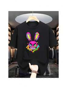 [Casual Crew Neck Tee] Breathable Casual Crew Neck T-Shirt - Men's Fashion 'angry Rabbit' Print Tee, cotton Knit Fabric with Slight Stretch, Regular Fit animal Pattern Casualwear for Summer - Schwarz - Übersicht 1