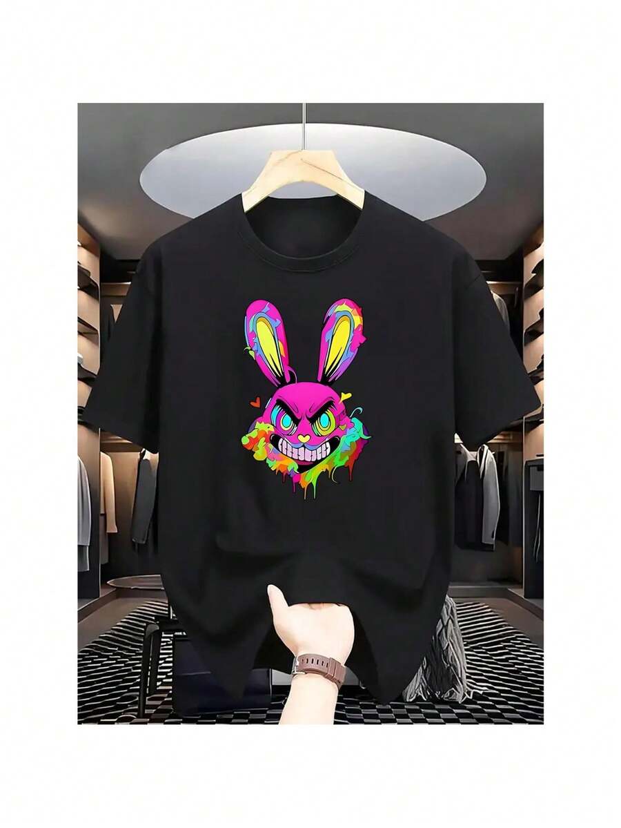 [Casual Crew Neck Tee] Breathable Casual Crew Neck T-Shirt - Men's Fashion 'angry Rabbit' Print Tee, cotton Knit Fabric with Slight Stretch, Regular Fit animal Pattern Casualwear for Summer - Schwarz - Übersicht 1