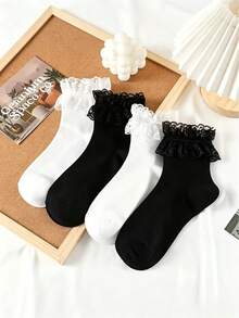 2/4 đôi tất viền ren mới, tất ren quá gối, tất điên, tất hài hước, tất nữ, tất bắp chân màu trơn phong cách Lolita Nhật Bản, tất ngọt ngào thường ngày đen trắng, phù hợp mặc hàng ngày và đi chơi, dùng cho mọi mùa - Nhiều màu - Xem 6