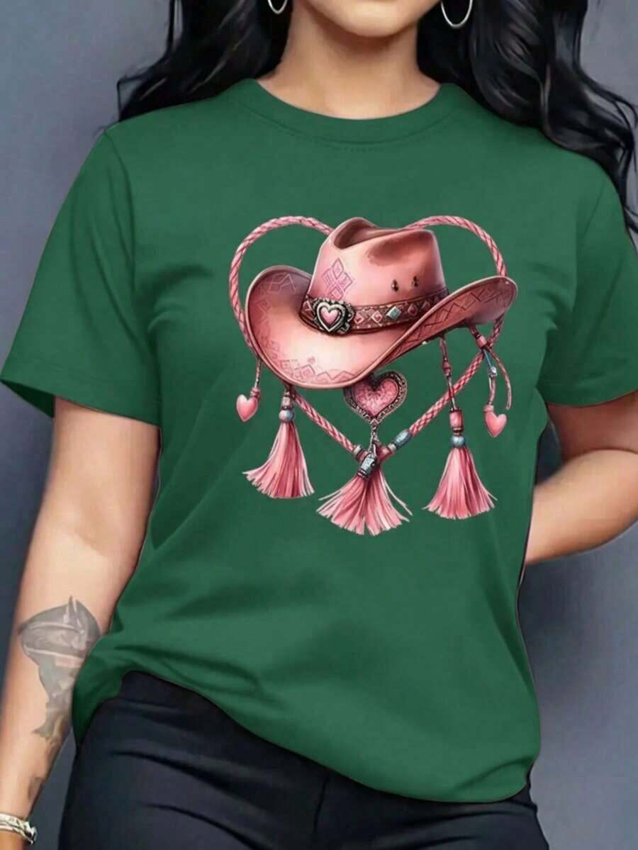 1 Piece Casual Fashion For Men And Women Graphic T-Shirt Ladies Women Short Sleeve Round Neck Casual Comfortable Fresh Light Modern Youth Regular Cut Prints Hat Denim Denim Denim Heart Bow Rope Boho Bohemian Style, Versatile, Easy To Match, Suitable For Daily Wear, Urban Style, Holiday Outfits, Weekend Outfits. - 綠色 - 查看 1