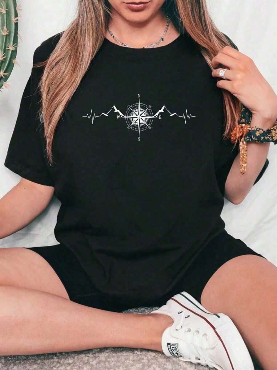 Algodón Camiseta De Manga Corta Con Cuello Redondo Y Estampado De Brújula Para Mujer, Informal, De Verano, Con Gráficos. Blusas Para Mujer Camisa - Negro - Ver 1