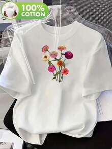 Camiseta de casa cómoda de manga corta y cuello redondo con estampado de margaritas para mujer, talla grande 100%. - Blanco - Ver 6