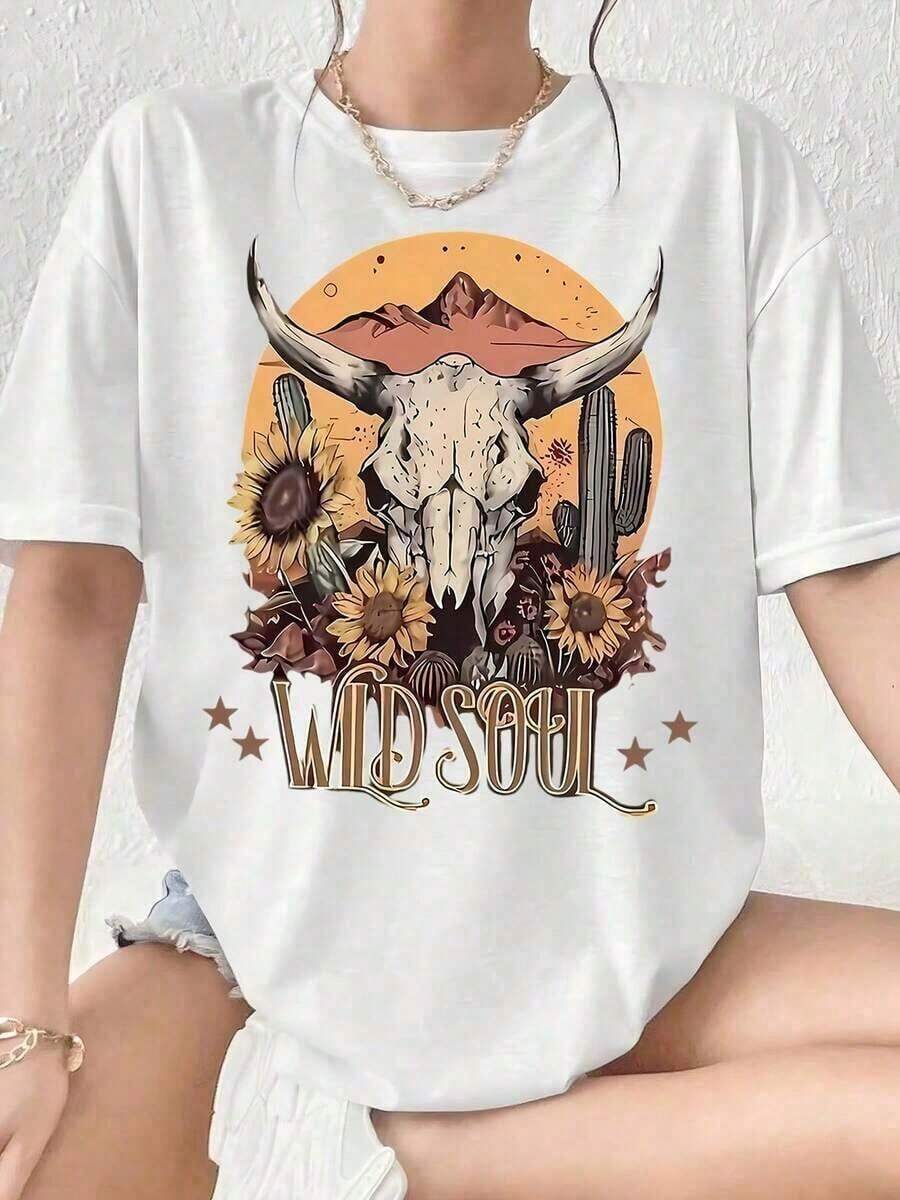 Camiseta Wild Bull Skull Desert Sunset para Mujer, Estilo Boho Western con Diseño de Cactus y Girasol, Ropa Casual de Verano, Estilo Vintage Urbano, Unisex, de Algodón, Manga Corta, Cuello Redondo, Corte Holgado. - Blanco - Ver 1