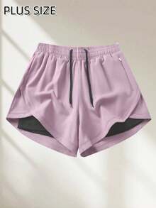 Plus Size Women's Liner Shorts 2in1, Solid Color Lining 2 In 1 Sports Pants, Elastic Waist Two Pieces Set, Suitable For Running, Sports, Yoga, Fitness In Summer - Purple - View 2