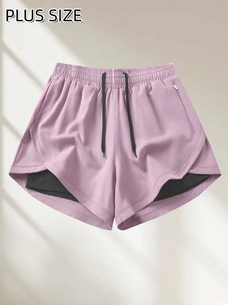 Plus Size Women's Liner Shorts 2in1, Solid Color Lining 2 In 1 Sports Pants, Elastic Waist Two Pieces Set, Suitable For Running, Sports, Yoga, Fitness In Summer