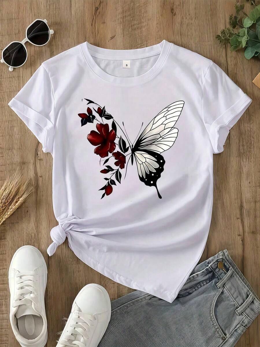 Graphic Print T-Shirt, Short Sleeve, Round Neck, Casual Style For Summer And Spring, Women's Clothing - Urban Vintage Style, Unisex, Loose Cotton T-Shirt With Short Sleeves And Round Neck - 白色 - 查看 1