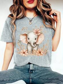 Women'S Winter Clothing, Deep Autumn Atmosphere Cartoon Little Elephant Floral And Plant Print Round Neck Short Sleeve T-Shirt, Comfortable Soft Fashion Elegant Vintage Casual Versatile Spring Summer Autumn Winter Athletic Top Multicolor Available S - Gris Claro - Ver 6