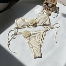Nuevo bikini de dos piezas sin tirantes, de color sólido y con estampado floral brillante. - Negro - Ver 2