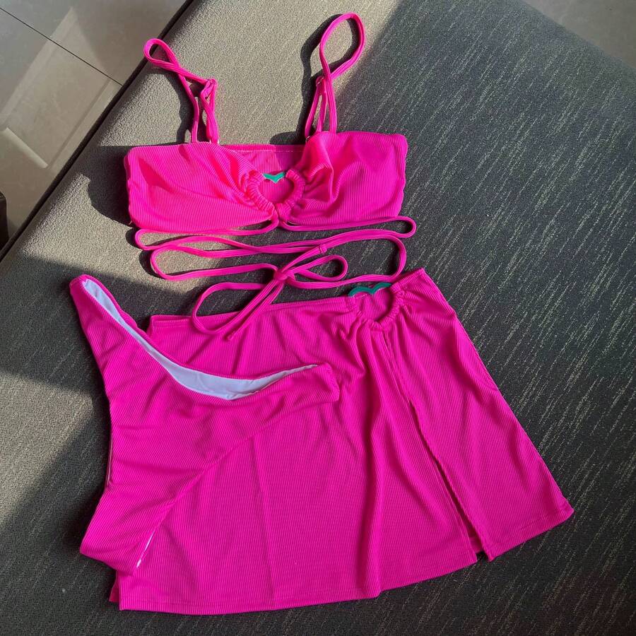 New Three-Piece Swimsuit With Ribbed Design In Solid Color. - Hot Pink - View 1