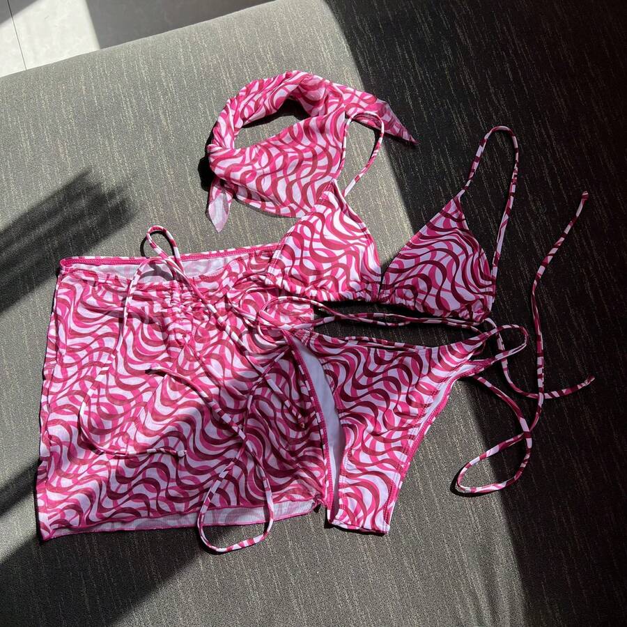 Nuevo traje de baño sexy de tres piezas con tiras ajustables y pañuelo para la cabeza. - Rosa Fucsia - Ver 1
