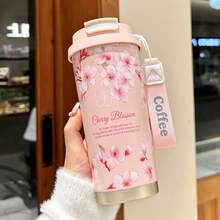 1个500毫升粉/白樱花图案保温咖啡杯，优雅花卉风格SUS304不锈钢高筒圆柱形二合一饮用盖防漏便携旅行杯，带腕带，适用于冰咖啡、茶、日常通勤、办公、送礼及所有季节 - 彩色 - 查看 10
