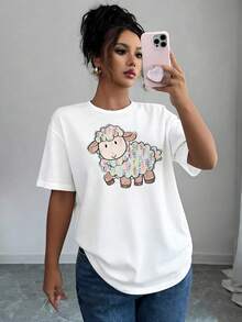 Camiseta con estampado gráfico de Pascua "El Señor es mi pastor"| Top casual de manga corta y cuello redondo para verano y primavera, ropa de mujer - [Blanco] - Ver 3