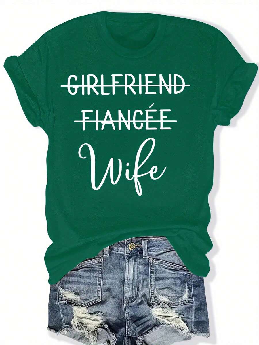 Women's Plus Size Casual T-Shirt, "Bride, Future Wife" Print, Round Neck, Short Sleeve, Loose Fit, Fashionable Summer And Spring Top, All Season Top | Round Neck T-Shirt | Bold Letter T-Shirt, Women's T-Shirts - 墨綠色 - 查看 1