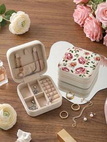 Vintage Print PU Leather Mini Jewelry Storage Box (10x10x5cm) - Portable Travel Jewelry Box, Multi-Compartment Interior Design With Ring Roll, Earring Slots And Necklace Hooks, Velvet Lining Zipper Closure, Lightweight, Ideal Gift For Sisters, Mothers, Teachers, Bridesmaids - Retro Print - View 15
