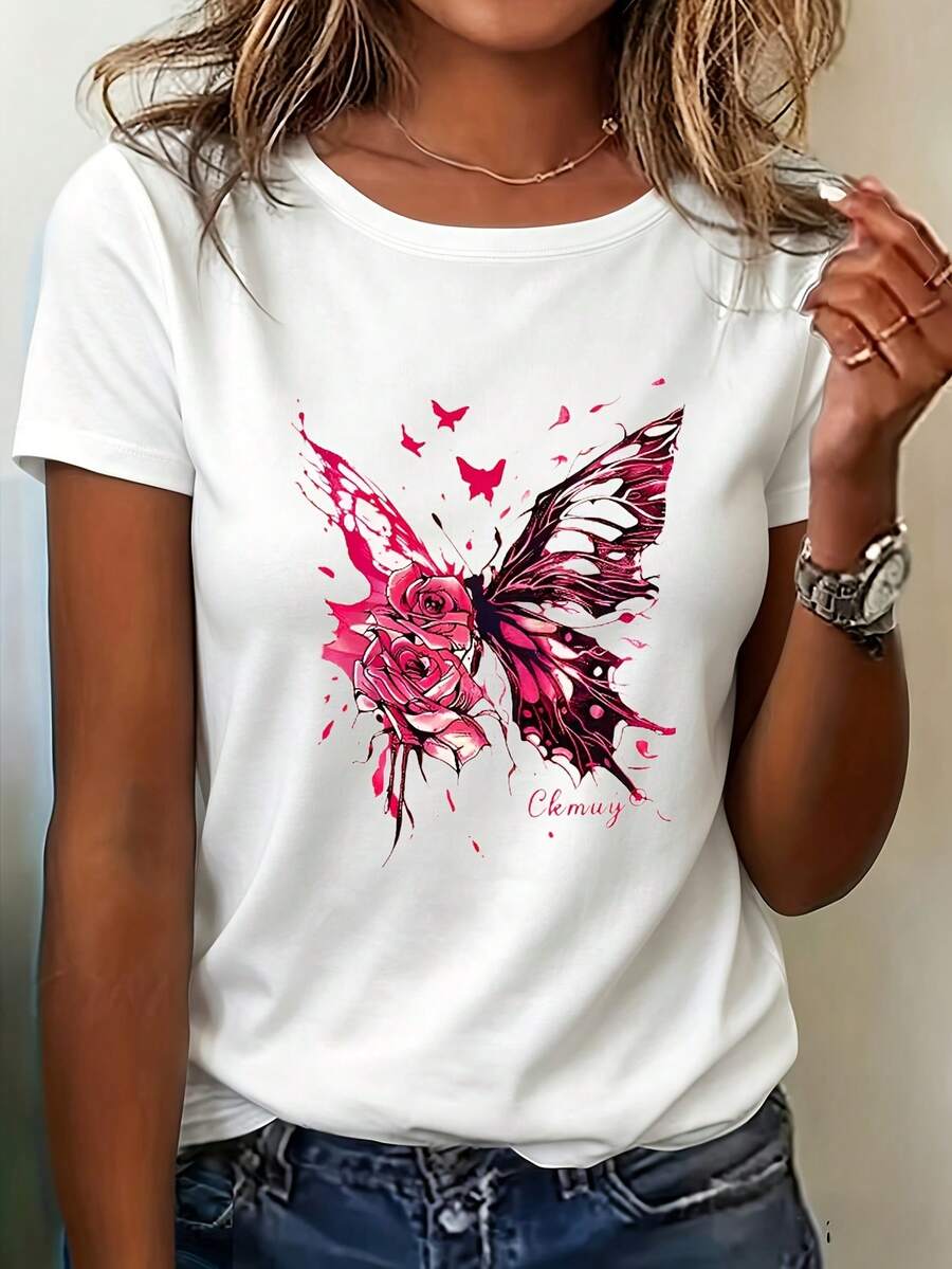 Camiseta de algodón puro, nueva moda de verano, estampado floral de mariposas, camiseta casual de cuello redondo y manga corta. - Blanco - Ver 1