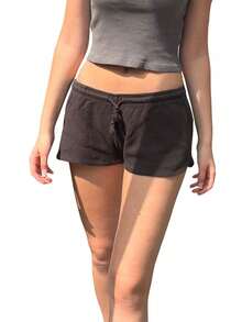 Womens Drawstring Shorts Casual Elastic Low Waist Solid Color Lounge Shorts Going Out Pants - Black - View 1