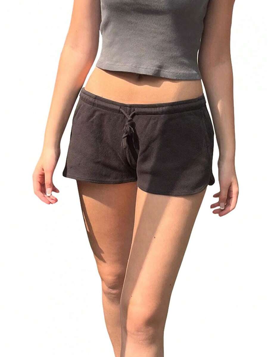 Womens Drawstring Shorts Casual Elastic Low Waist Solid Color Lounge Shorts Going Out Pants - Black - View 1