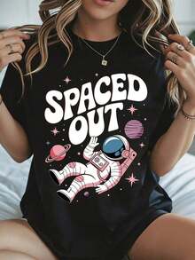 Elegante y casual mujer manga corta,Spaced Out Astronaut Print T Shirt Women Casual Summer Wear Black Color For Everyday Use And Festival Season - Negro - Ver 8