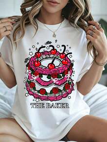 Elegante y casual para mujer, manga corta, camiseta casual para mujer con estampado de pastel de cumpleaños con cerezas y rosas, ropa de verano blanca para fiestas y uso diario. - Blanco - Ver 8