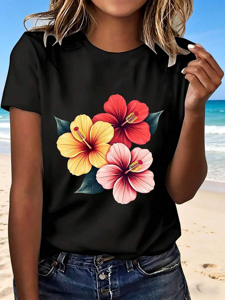 Hibiscus Flower Print T Shirt With Fashion Design Casual Summer Wear Perfect Gift For Beach Outing And Vacation - Negro - Ver 1