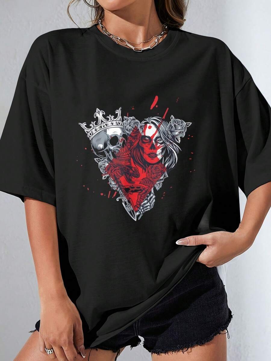Camiseta de Mujer: Camisetas Indispensables de Cuello Redondo para Damas, de Algodón Puro Estampado: Comodidad, Transpirabilidad para Deportes Casuales de Verano, Tops para Salir para Mujer - Negro - Ver 1