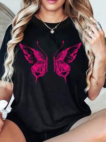 Camiseta casual para mujer con estampado de mariposas, tejido suave, corte holgado, cuello redondo y manga corta.Ideal para uso diario en primavera y verano, estilo moderno y relajado. - Negro - Ver 6