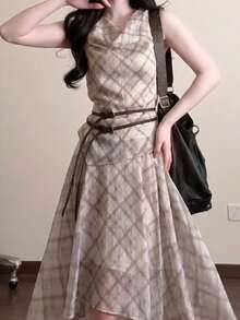 Y6Y 2026 新款韓式開領無袖裙，不對稱腰線格紋裙套裝，女款夏季 - 杏色 - 查看 3