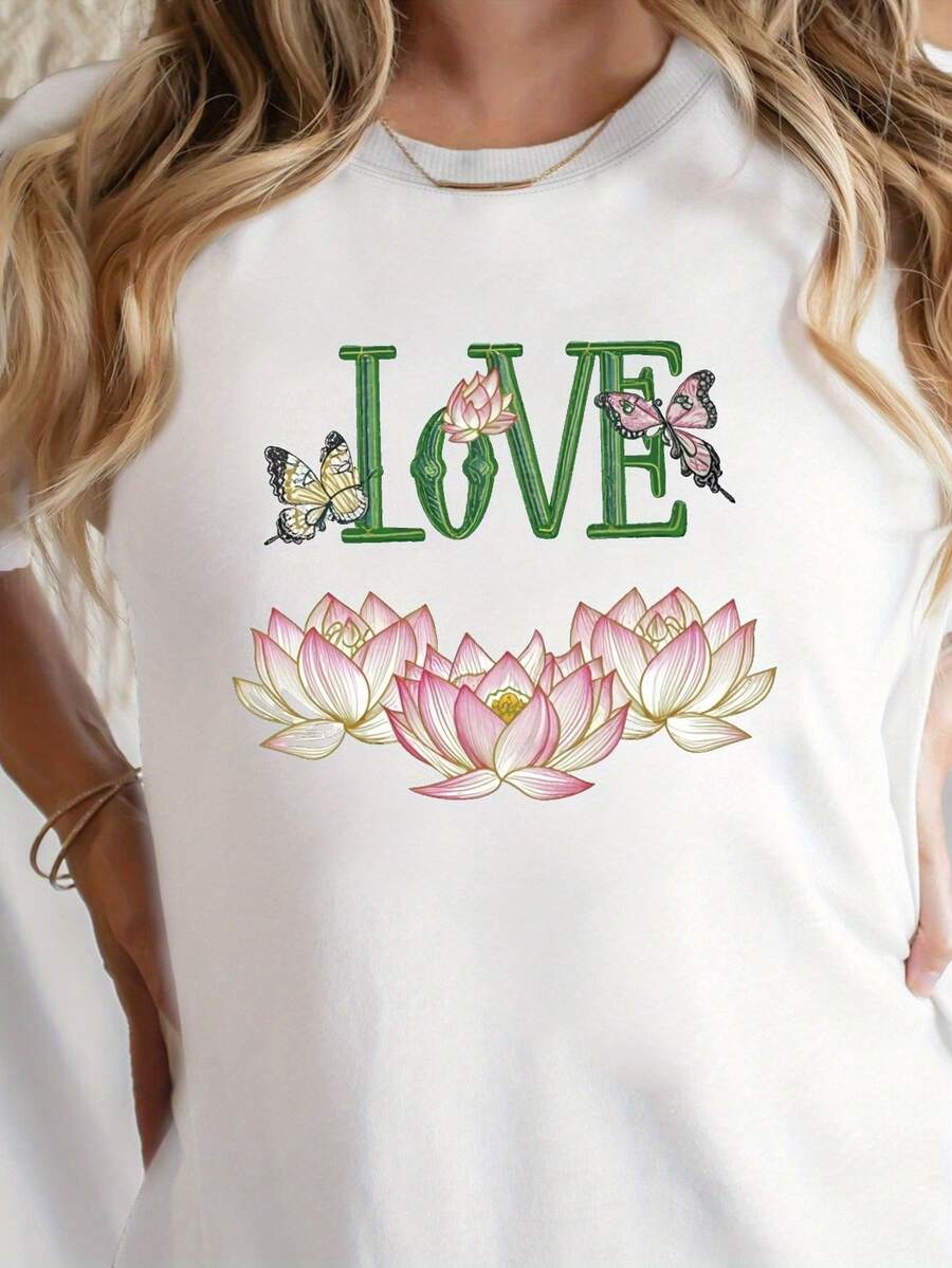 Camiseta de corte regular con estampado floral y de mariposas, cuello redondo, top casual de manga corta para primavera y verano, ropa casual diaria para mujer en verano. - Blanco - Ver 1