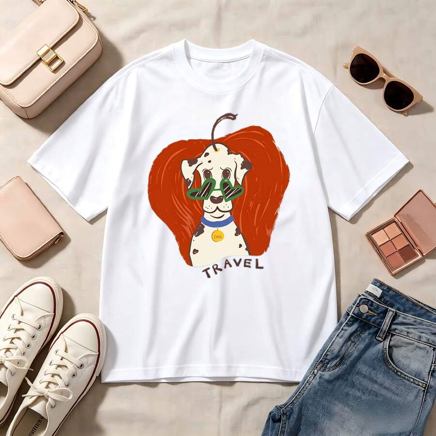 Retro, Dalmatian Travel Dog, 100% Cotton, Oversized, Soft Breathable, Casual Crewneck, Short Sleeve Top, Summer Vibes, Kawaii, Travel Lovers - Blanco - Ver 1