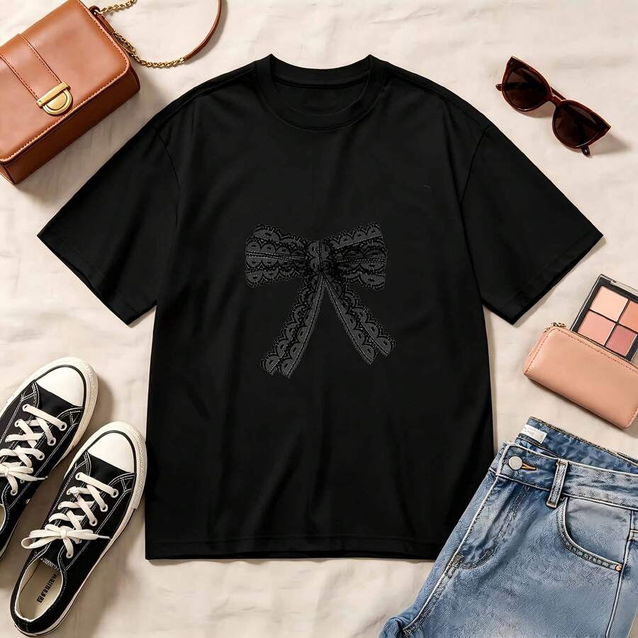 Retro, Vintage, Kawaii, Romantic, 100% Cotton, Oversized, Soft Breathable, Casual Crewneck, Short Sleeve Top, Summer Vibes, Streetwear, Aesthetic, Cat Lovers, Fashion Trendy - Negro - Ver 1