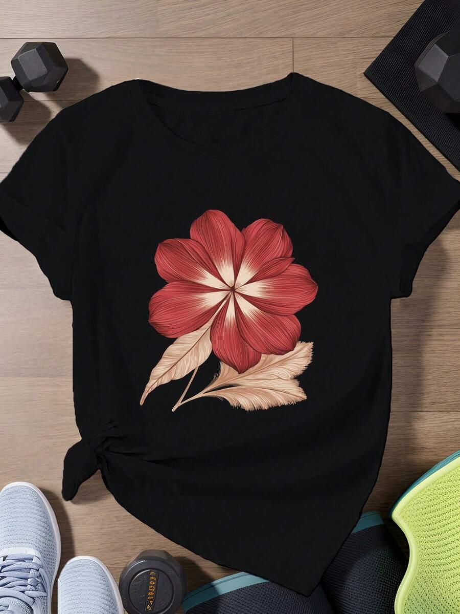 Camiseta de estilo artístico con patrón de pétalos y hojas rojas para mujer, nueva, de verano, versátil, casual, de corte ajustado y manga corta. - Negro - Ver 1