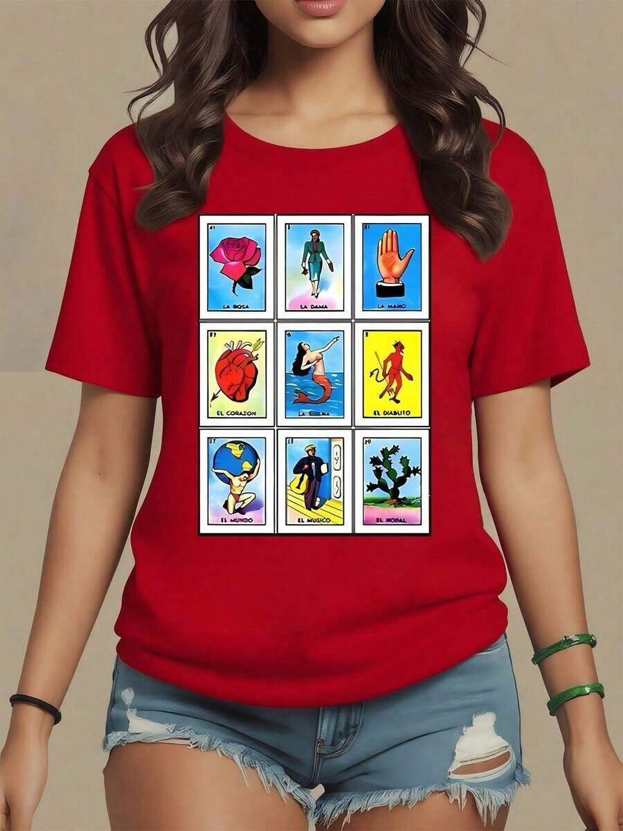 Colorful Illustration Depicting Traditional Mexican Playing Cards With Symbols Such As The Rose, Heart, Mermaid, And The World, Celebrating Latin Culture. Women's T-Shirt, 100% Cotton - 紅色的 - 查看 1