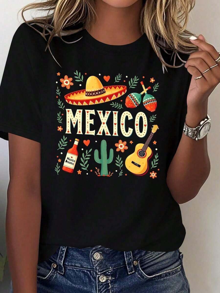 Camisetas Ligeras con Estampados Gráficos para Mujer - Temática Mexicana, Camiseta de Algodón - Rojo brillante, con estampados de sombrero de ala ancha, cactus y maracas, con la inscripción "MEXICO" en negrita y un diseño de banda de Mariachis - Un estilo casual y cómodo adecuado para todas las estaciones, ideal para fiestas temáticas y uso diario. 100% algodón, una opción popular. - Negro - Ver 1
