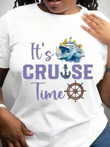 Camiseta de manga corta para mujer con estampado 'Cruise Time', diseñada para viajes en crucero, perfecta para un uso cómodo e informal en primavera y verano. - Blanco - Ver 6