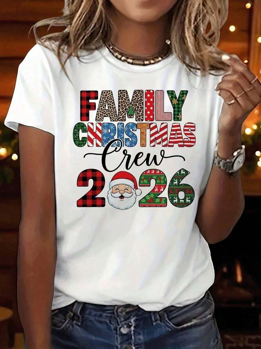 Camiseta con Diseño de Papá Noel "Felices Fiestas Equipo 2026", Manga Corta, Cuello Redondo, Estilo Casual para Verano y Primavera, Ropa para Mujer - Blanco - Ver 1