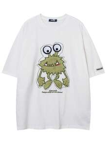 Camiseta de Manga Corta Unisex de Algodón Puro, Estilo Hip Hop, Marca de Moda Vintage Americana, Diseño de Dibujos Animados con Acabado Aterciopelado, Ideal para Verano - Blanco - Ver 6