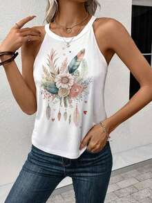 Camiseta de tirantes con cuello halter y estampado floral casual, ajuste ceñido para mujer, adecuada para el verano y el regreso a la escuela - Blanco 2 - Ver 4