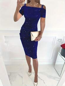 2024 nuevo estilo de primavera y verano brillante fuera del hombro Sexy vestido Halter con incrustaciones de diamantes mujer - Azul - Ver 6