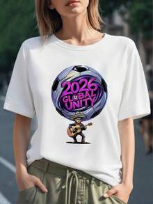 Balón con frase 2026 Global Unity que celebra la unión mundial a través del fútbol y la alegría mexicana con guitarrista y sombrero colorido camiseta para mujer 100% algodón - Negro - Ver 6
